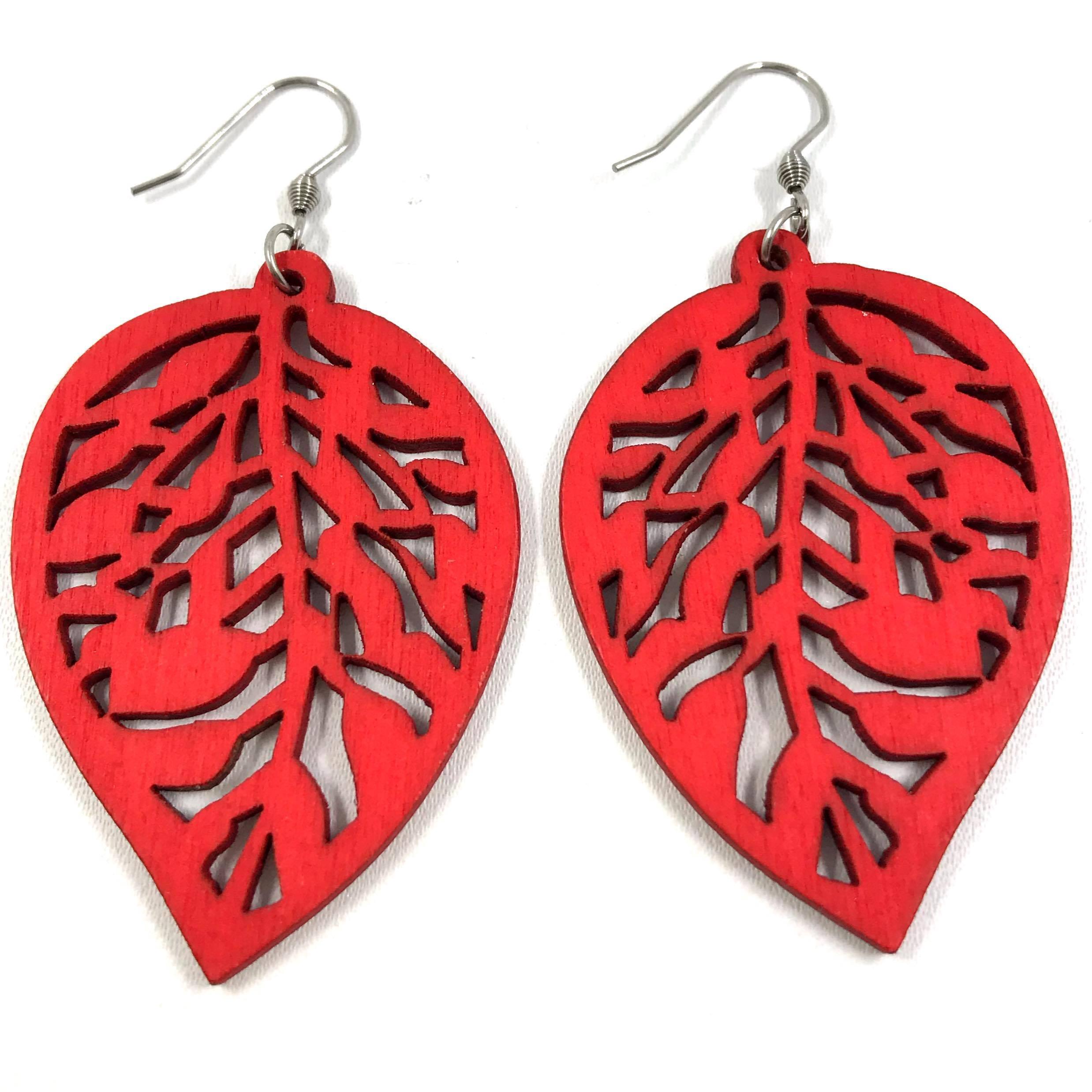 Wooden earrings, Leaf (red, short version)