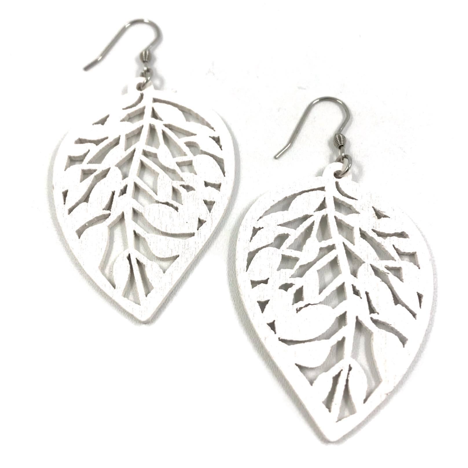 Wooden earrings, Leaf (white, short version)