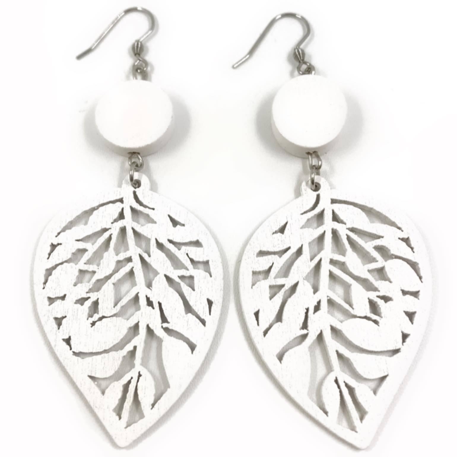 Wooden earrings, Leaf (white)