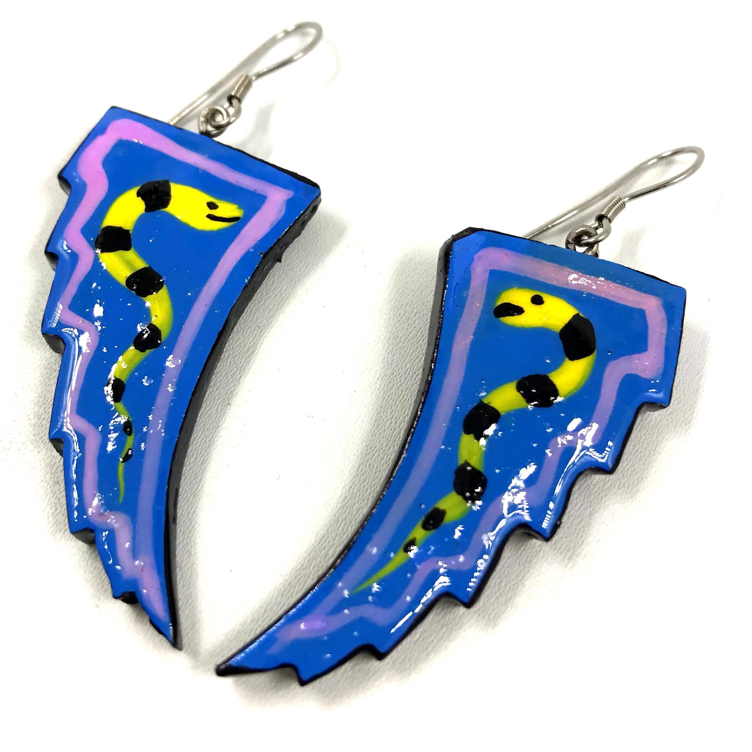 Wooden earrings, Snake (blue)