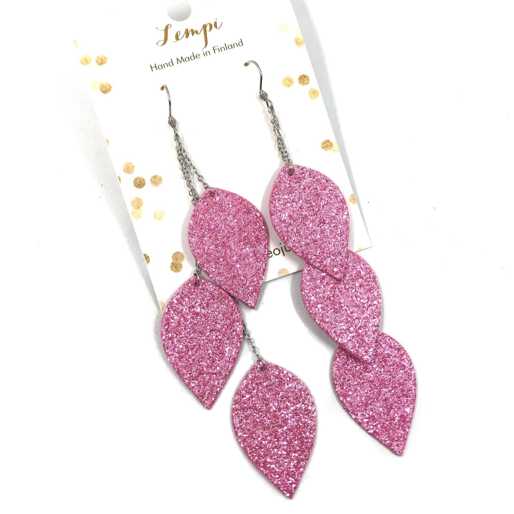 LEMPI earrings, Leaves (3 pieces, pink glitter)