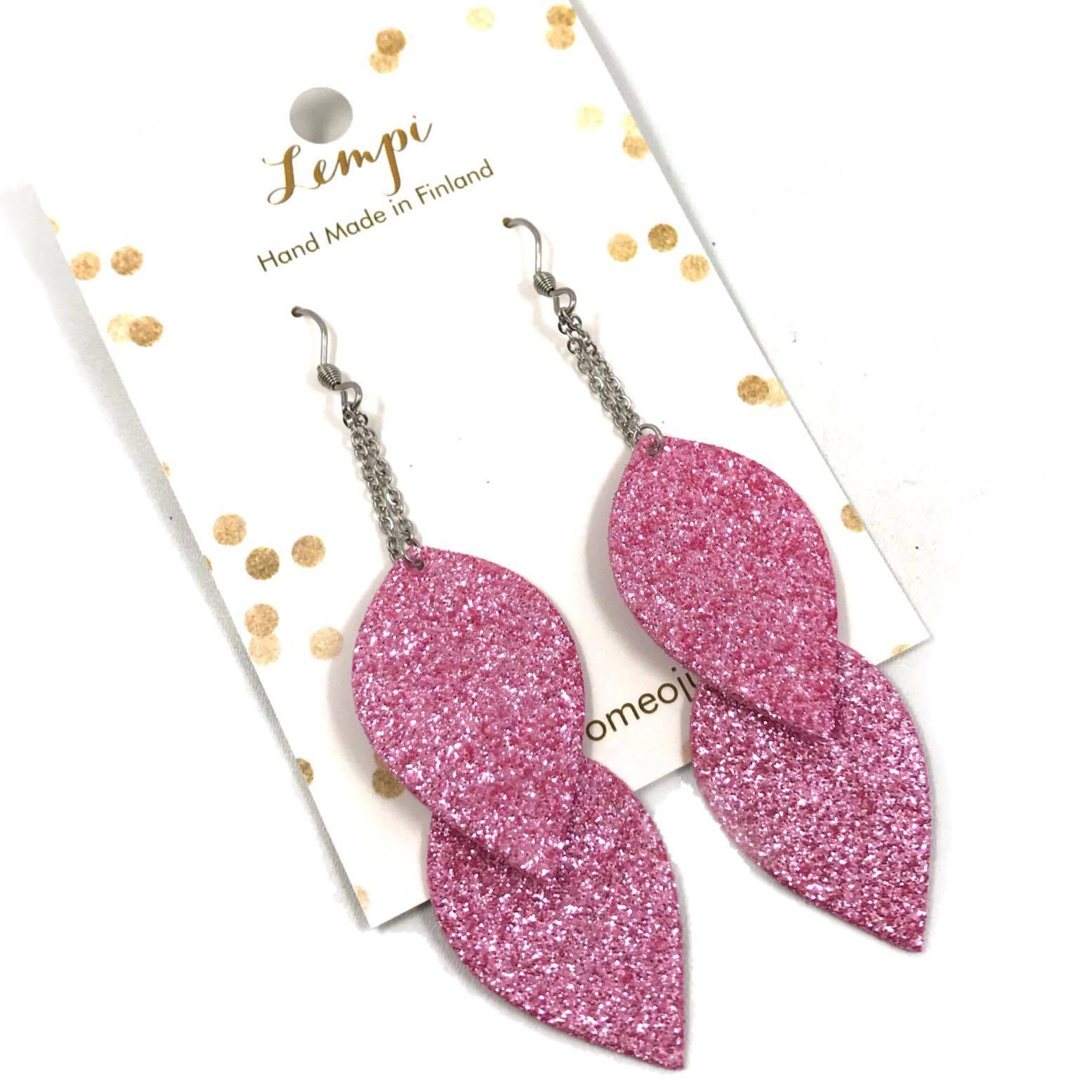 LEMPI earrings, Leaves (2 pieces, pink glitter)