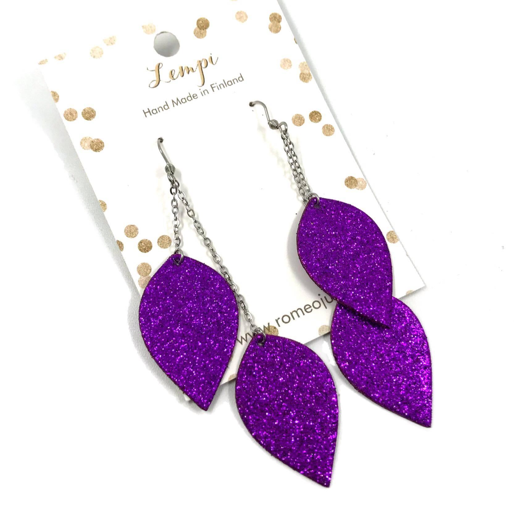 LEMPI earrings, Leaves (2 pieces, purple glitter)