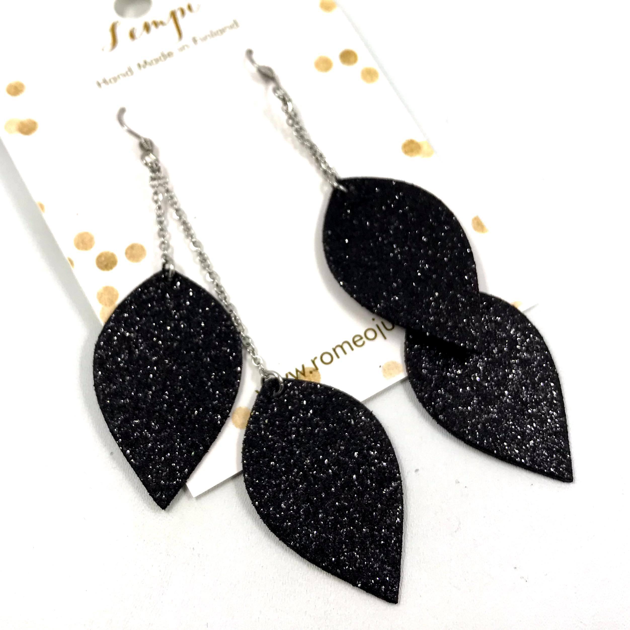 LEMPI earrings, Leaves (2 pieces, black glitter)