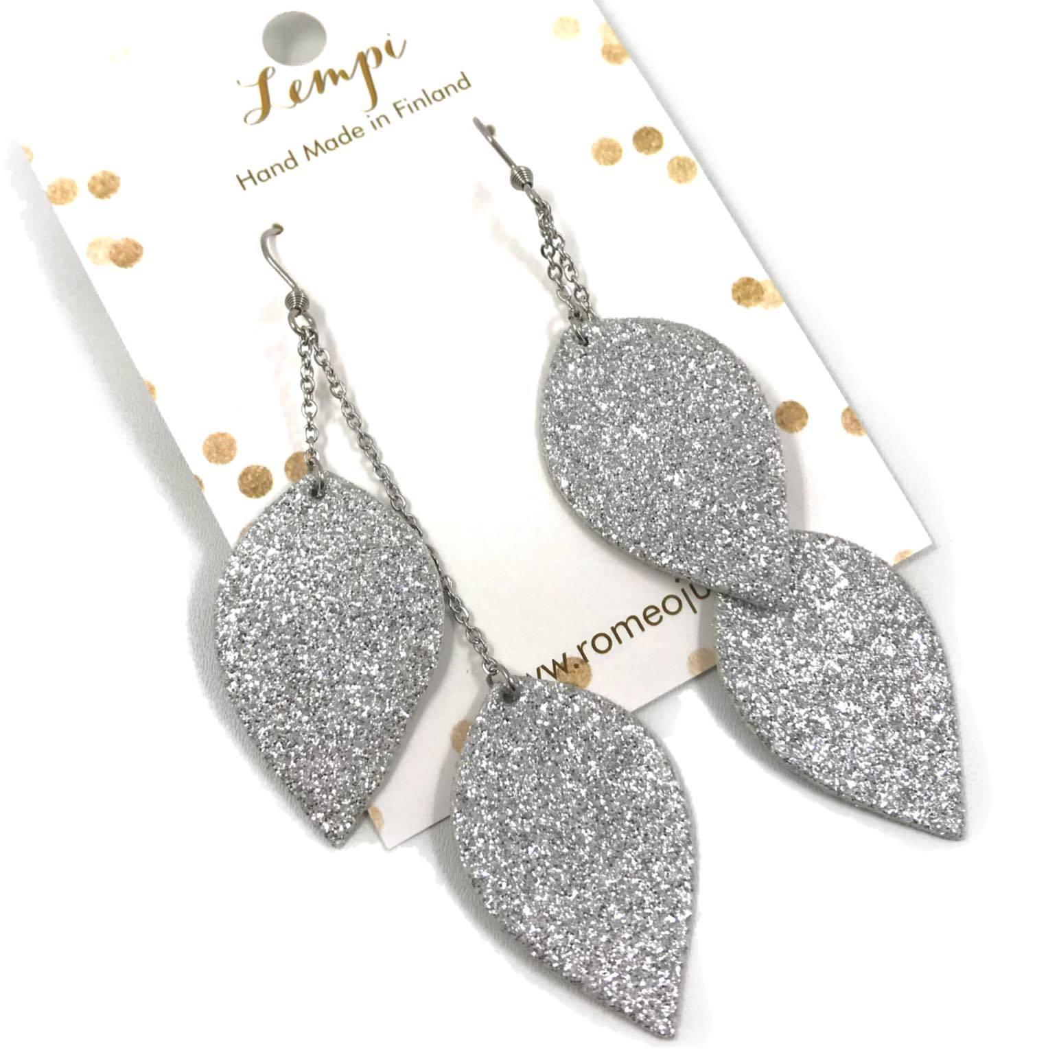 LEMPI earrings, Leaves (2 pieces, silver glitter)