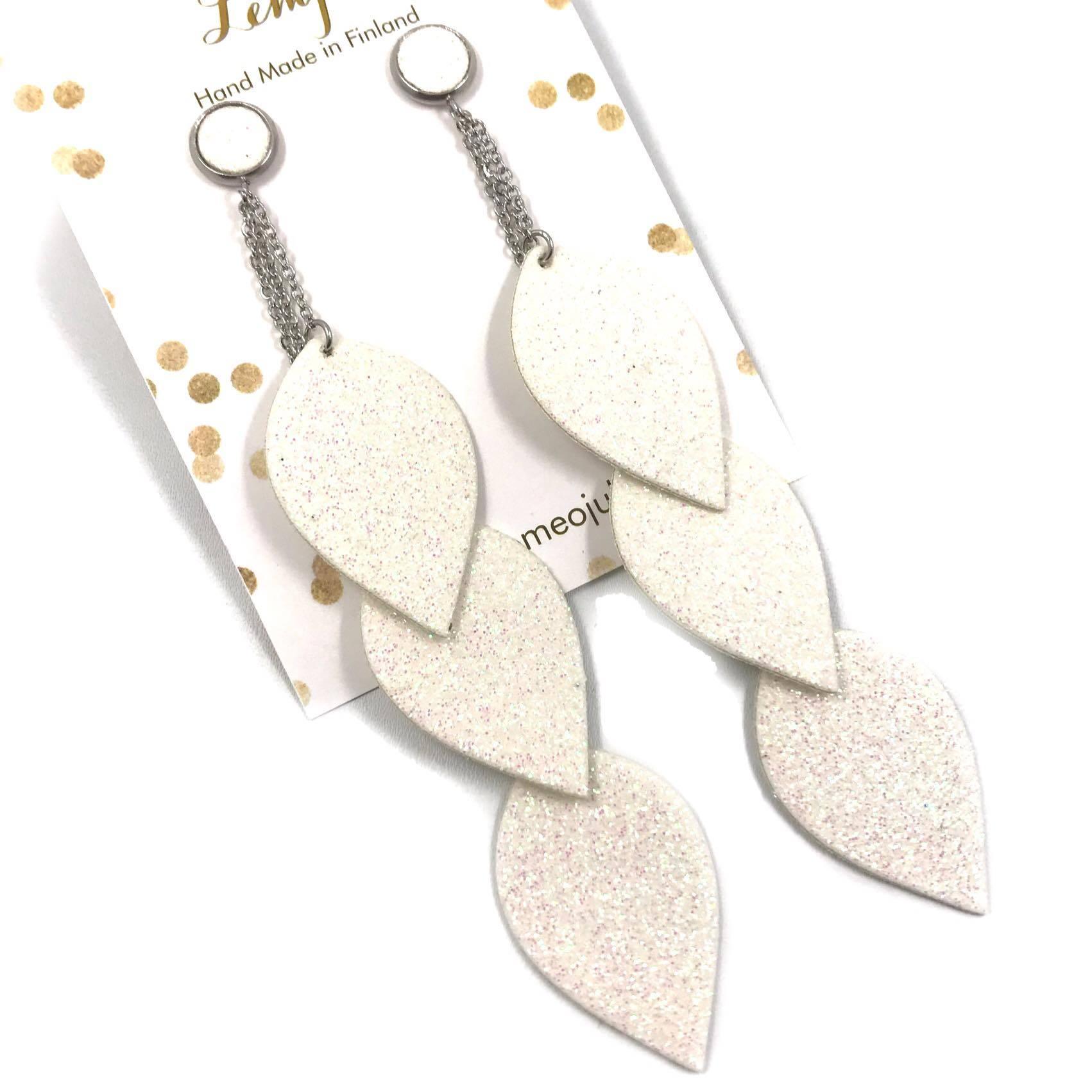 LEMPI earrings, Leaves (white glitter, 3 pieces)