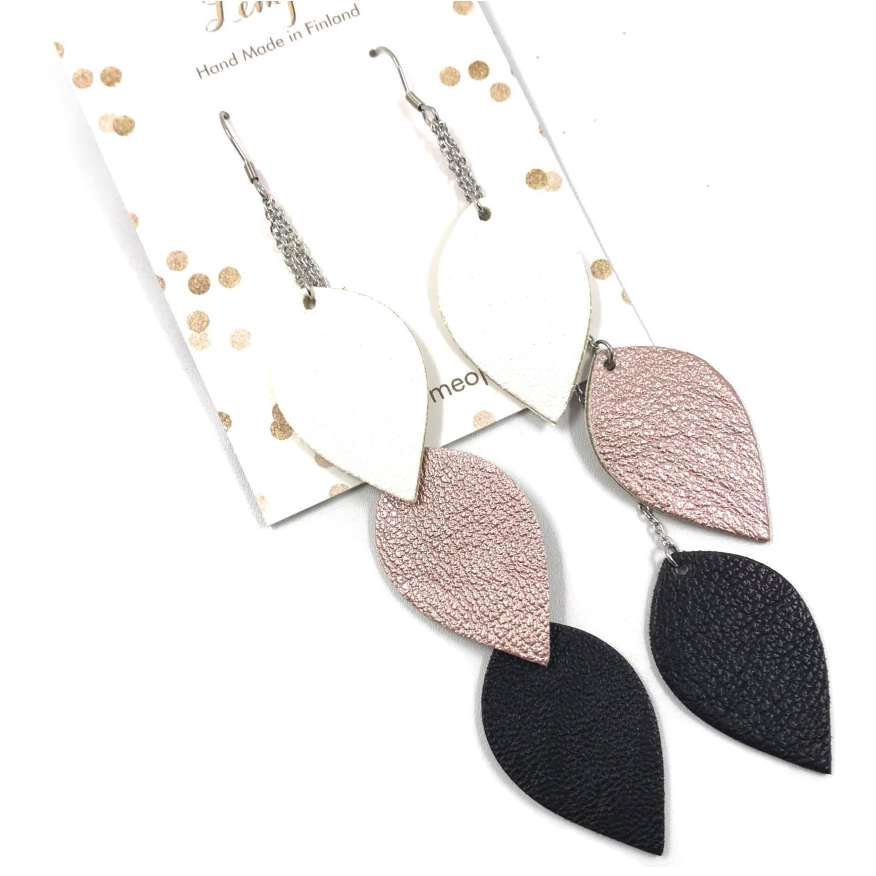 LEMPI earrings, Leaves (white-rose gold-black, 3-piece)