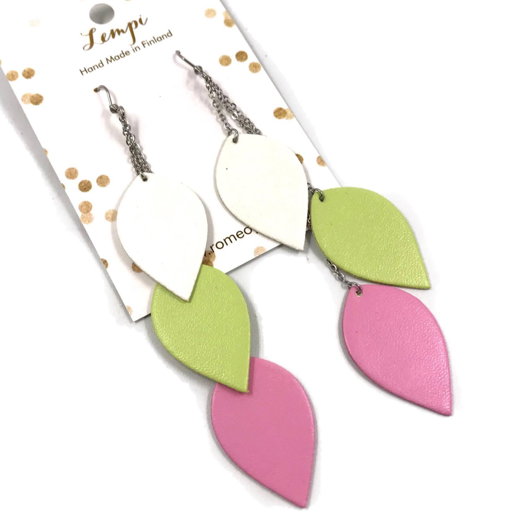 LEMPI earrings, Leaves (white-green-pink, 3-piece)