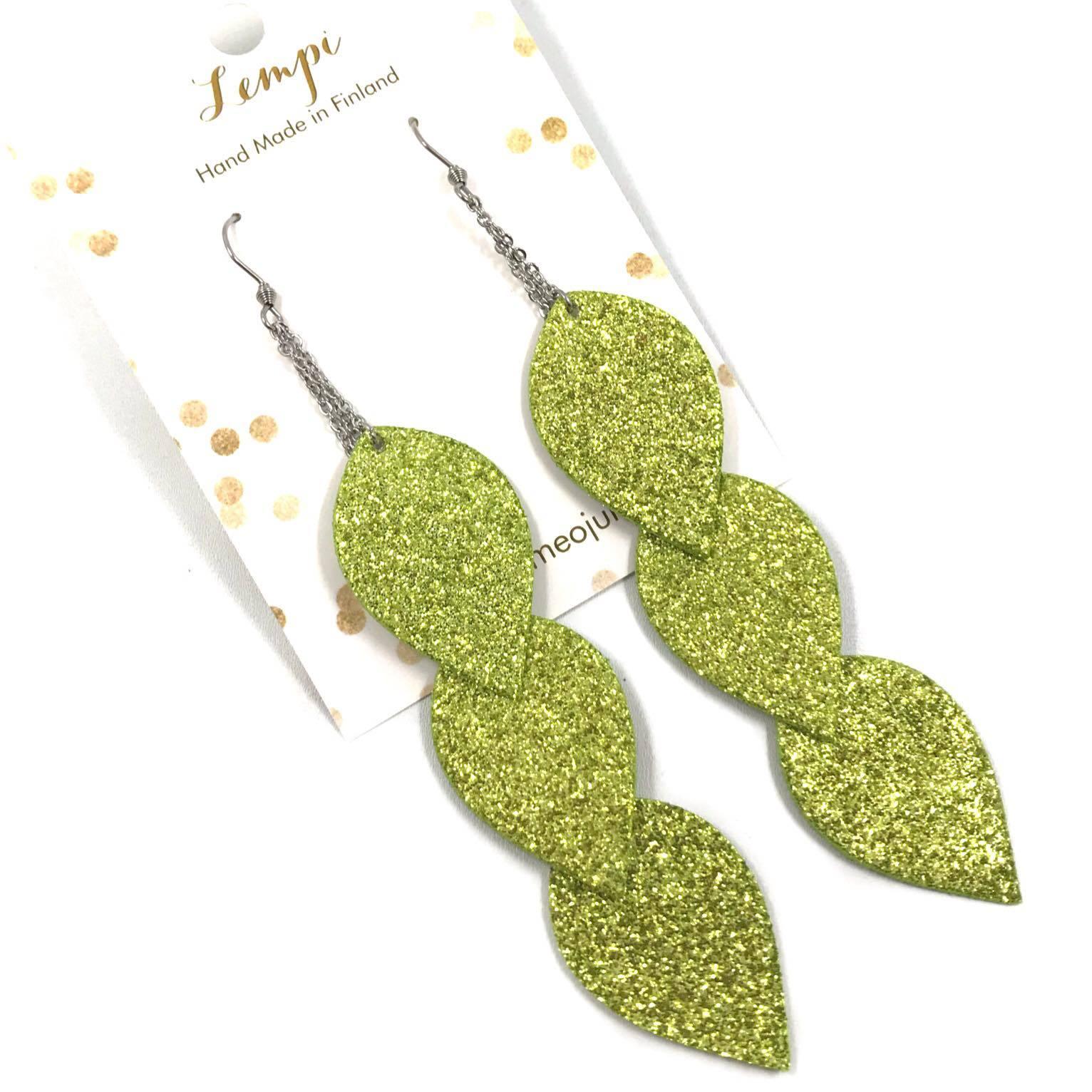 LEMPI earrings, Leaves (linden green glitter, 3 pieces)