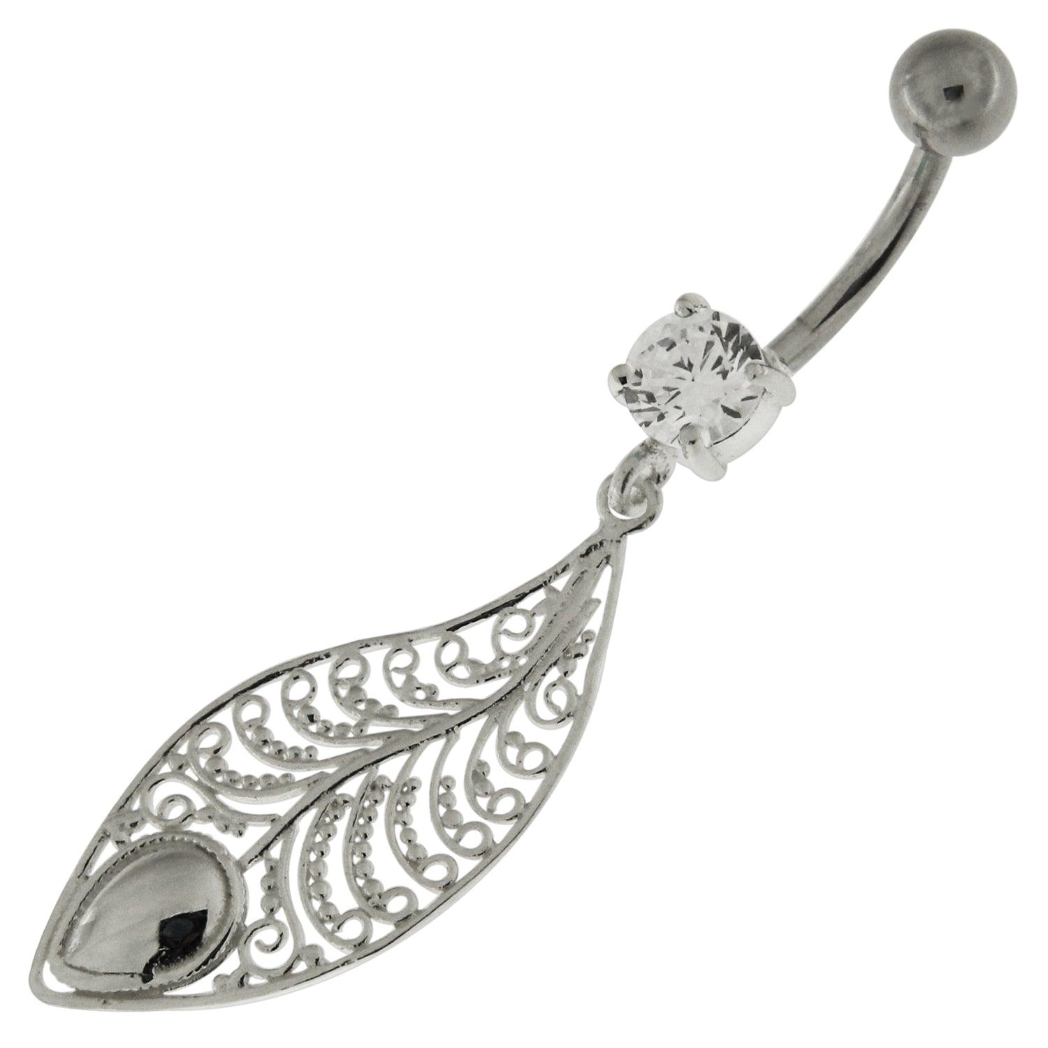 Silver belly button ring with titanium stem, Clear crystal, Peacock