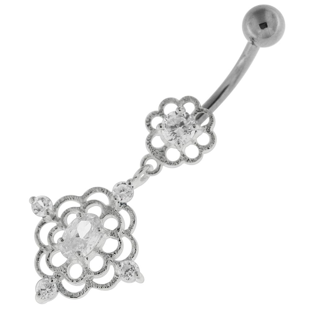 Silver belly button ring with titanium stem, lace-like decoration