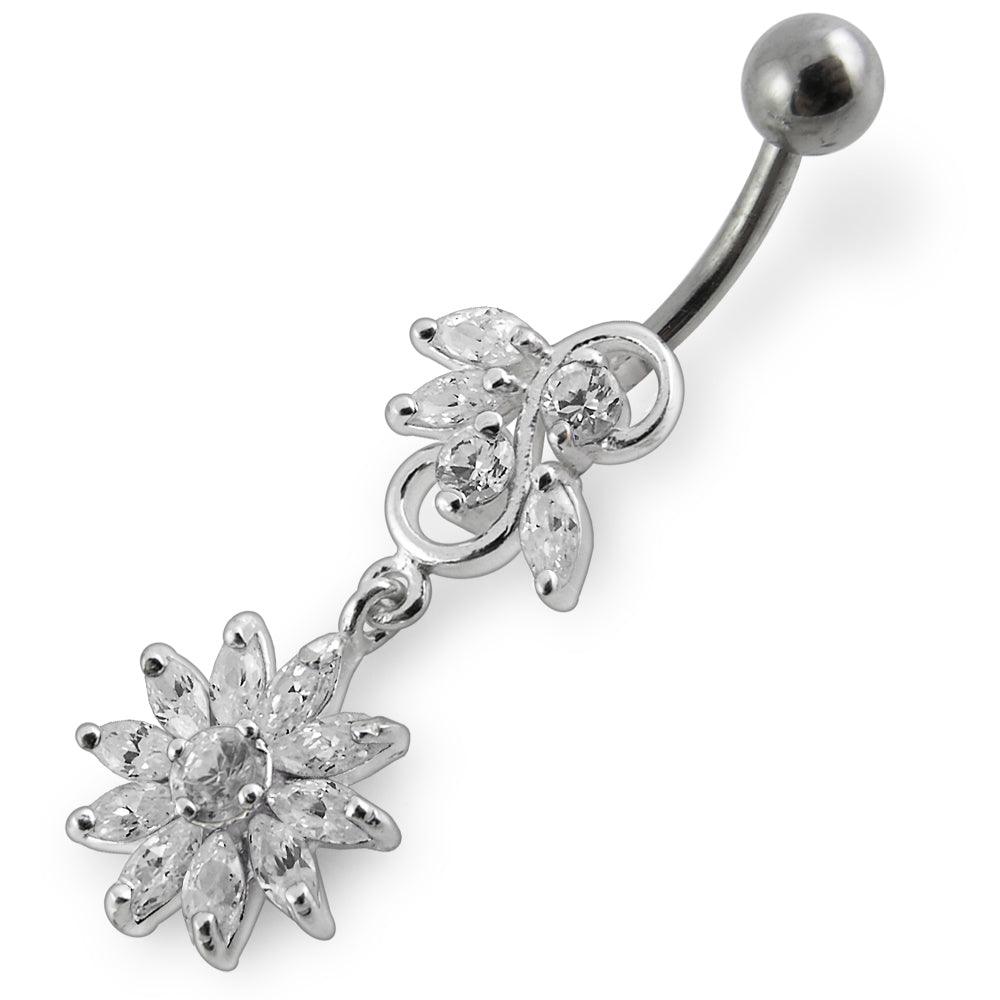 Silver belly button ring with titanium stem | Graceful flower with vine decoration