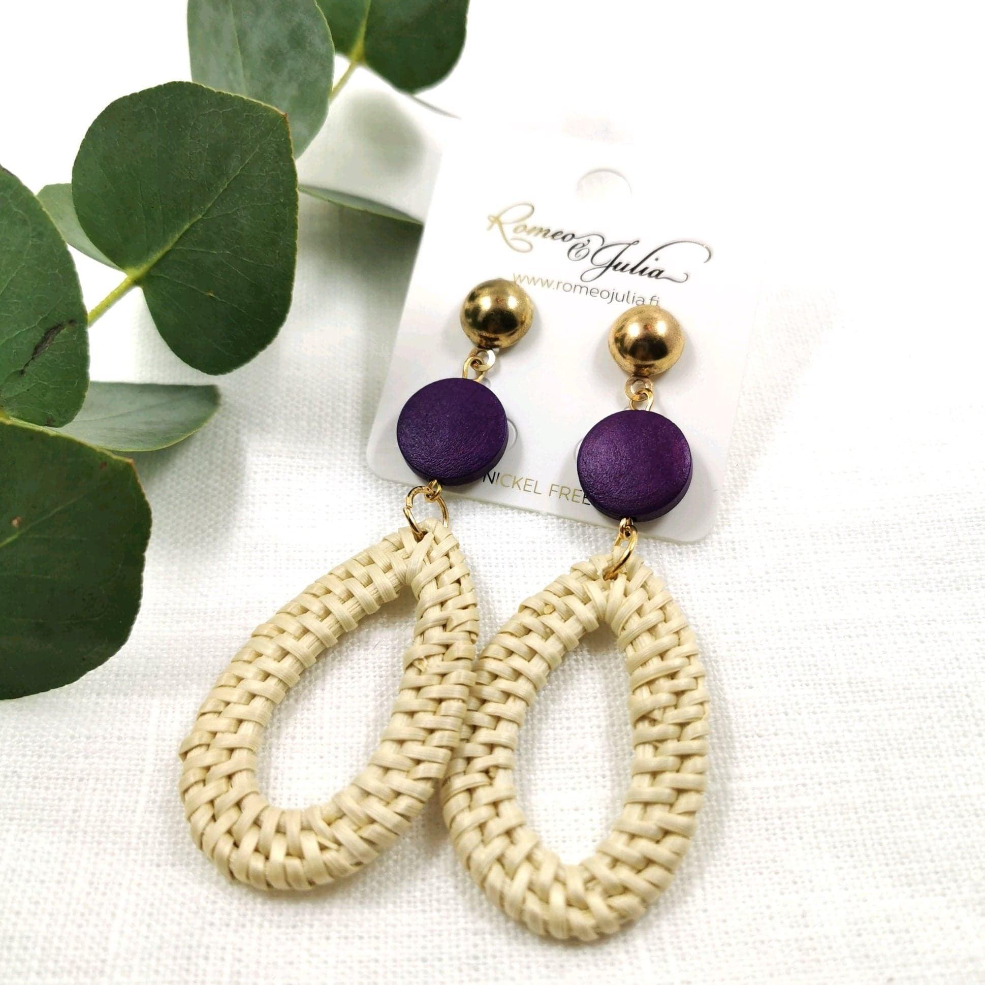 Teardrop Rattan Earrings with Purple Wooden Pearl