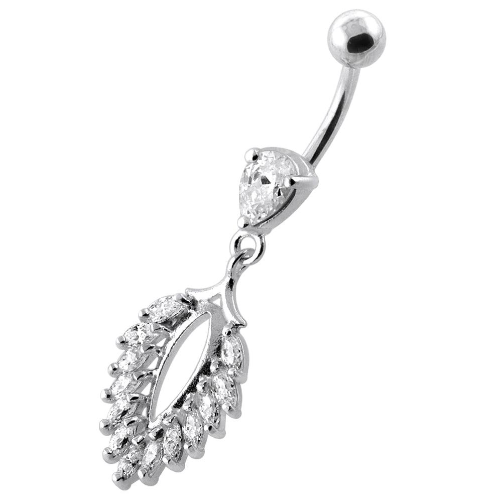 Silver belly button ring with titanium stem, Zirconia Leaf