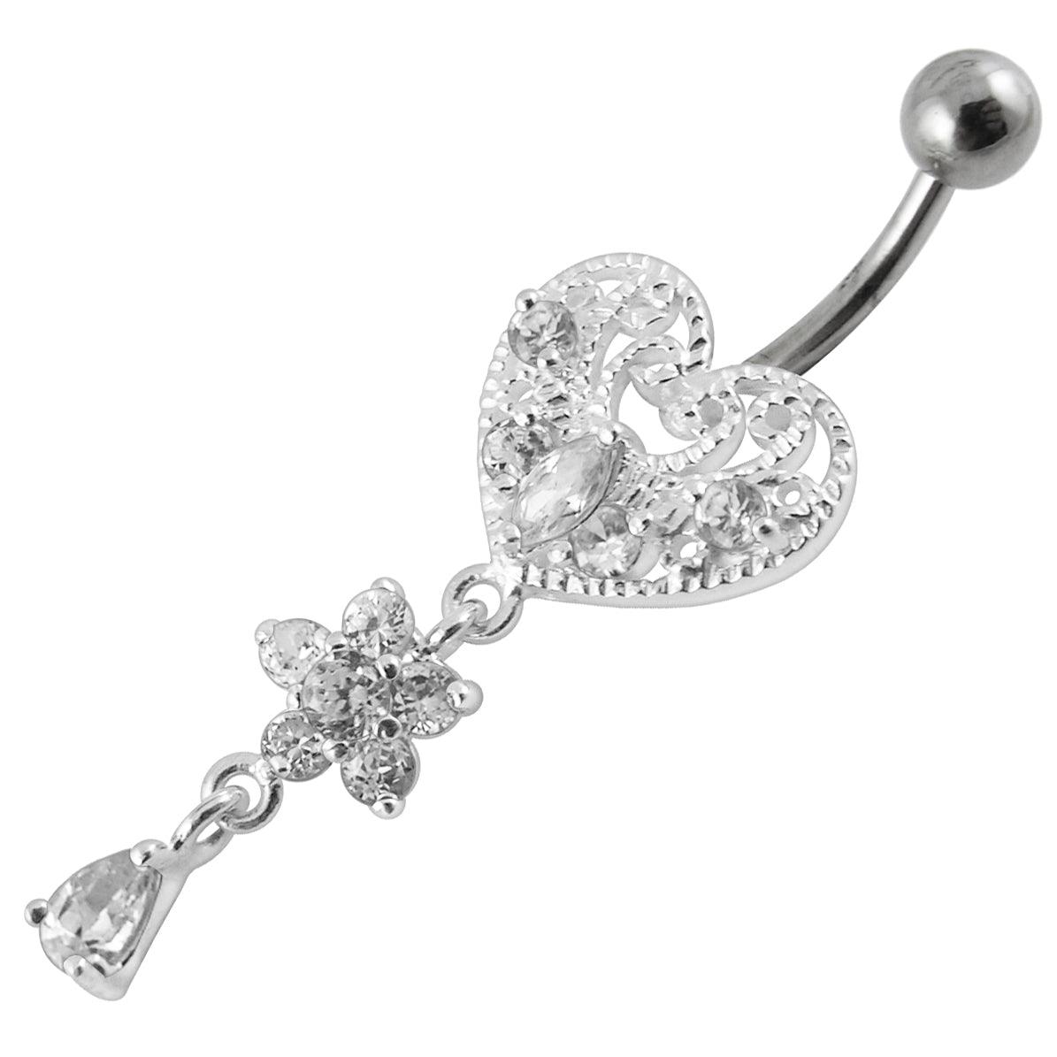 Titanium navel ring, Taylor clear heart navel ring with dangling decoration