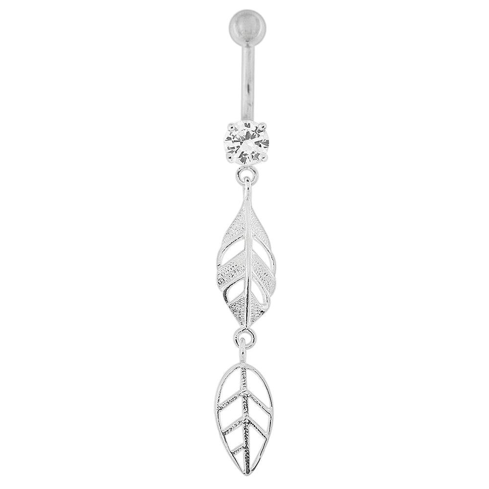 Silver belly button ring with titanium stem, Matte Feathers (various lengths)