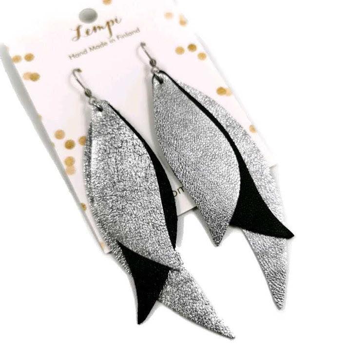 LEMPI earrings, Wings (silver and black, leather)