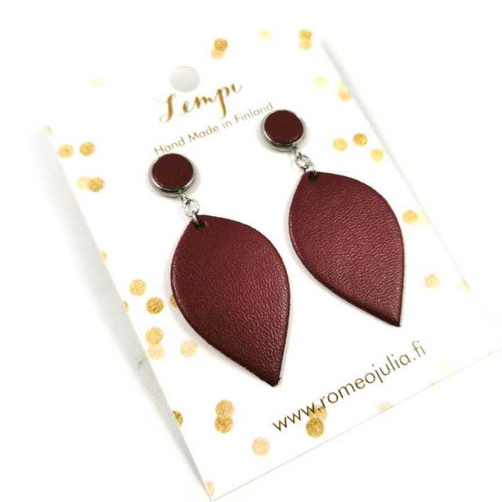 LEMPI earrings, Leaf (with button fastening, burgundy)