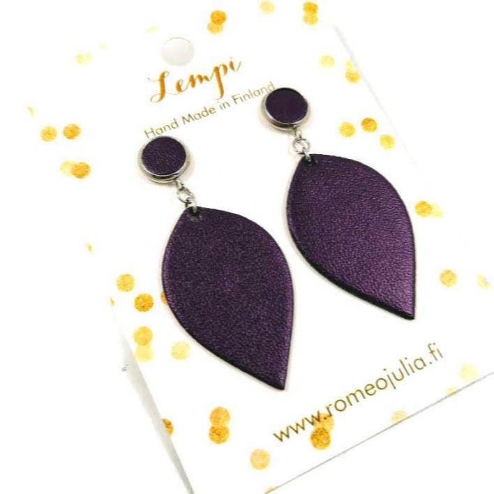 LEMPI earrings, Leaf (with button fastening, dark purple)