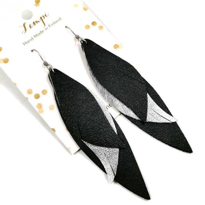 LEMPI earrings, Wings (black and silver, leather)