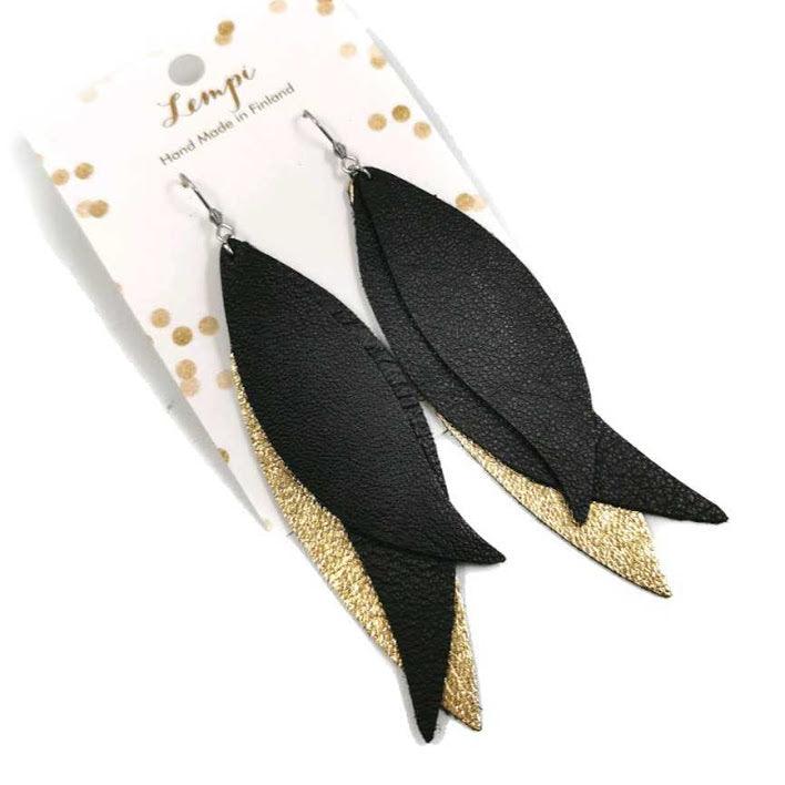 LEMPI earrings, Wings (black and gold, leather)