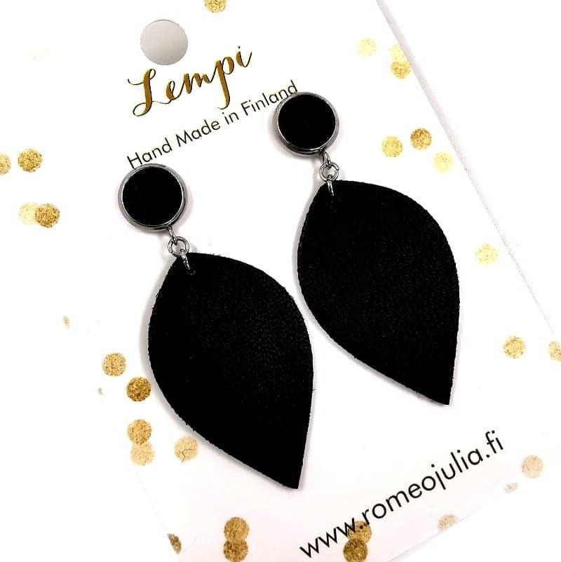 LEMPI earrings, Leaf (with button fastening, black)