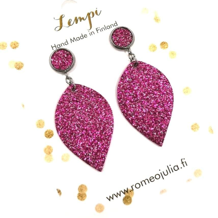 LEMPI earrings, Leaf (with button fastening, fuchsia glitter)