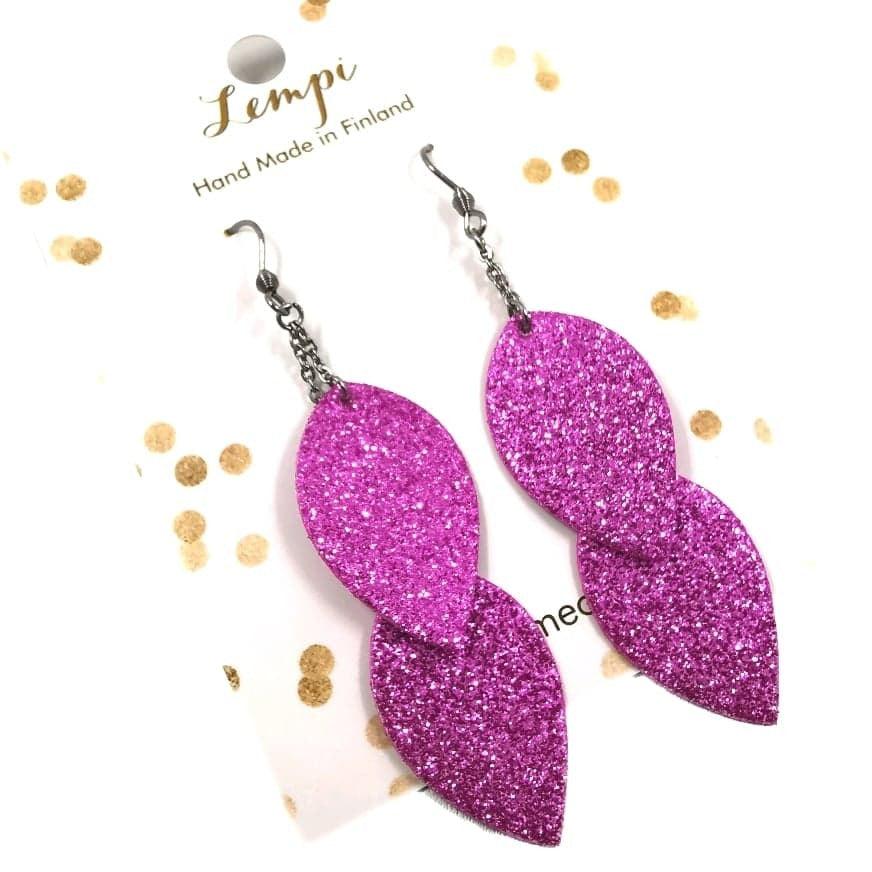 LEMPI earrings, Leaves (pink glitter, dainty 2-piece)