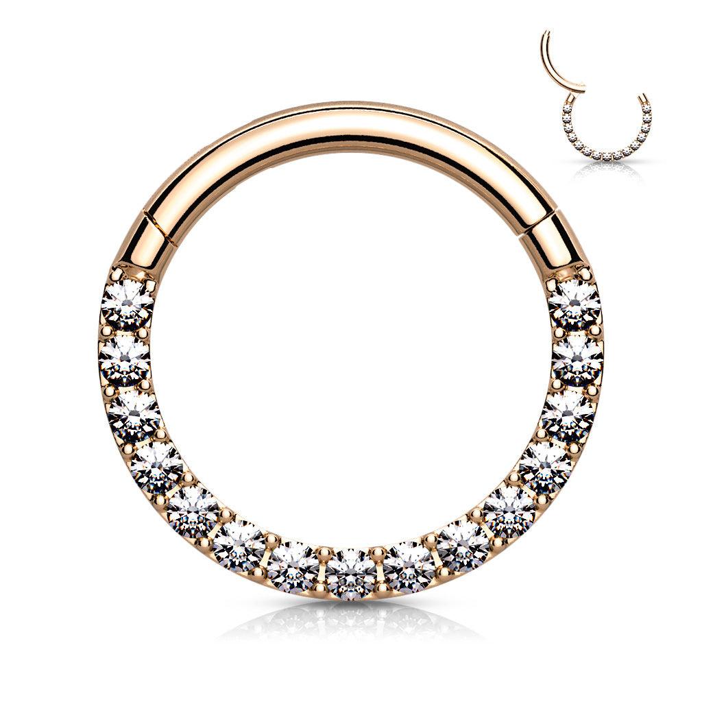 Lävistysrengas, Front Facing Titanium Hinged Hoop with CZ in Rosegold