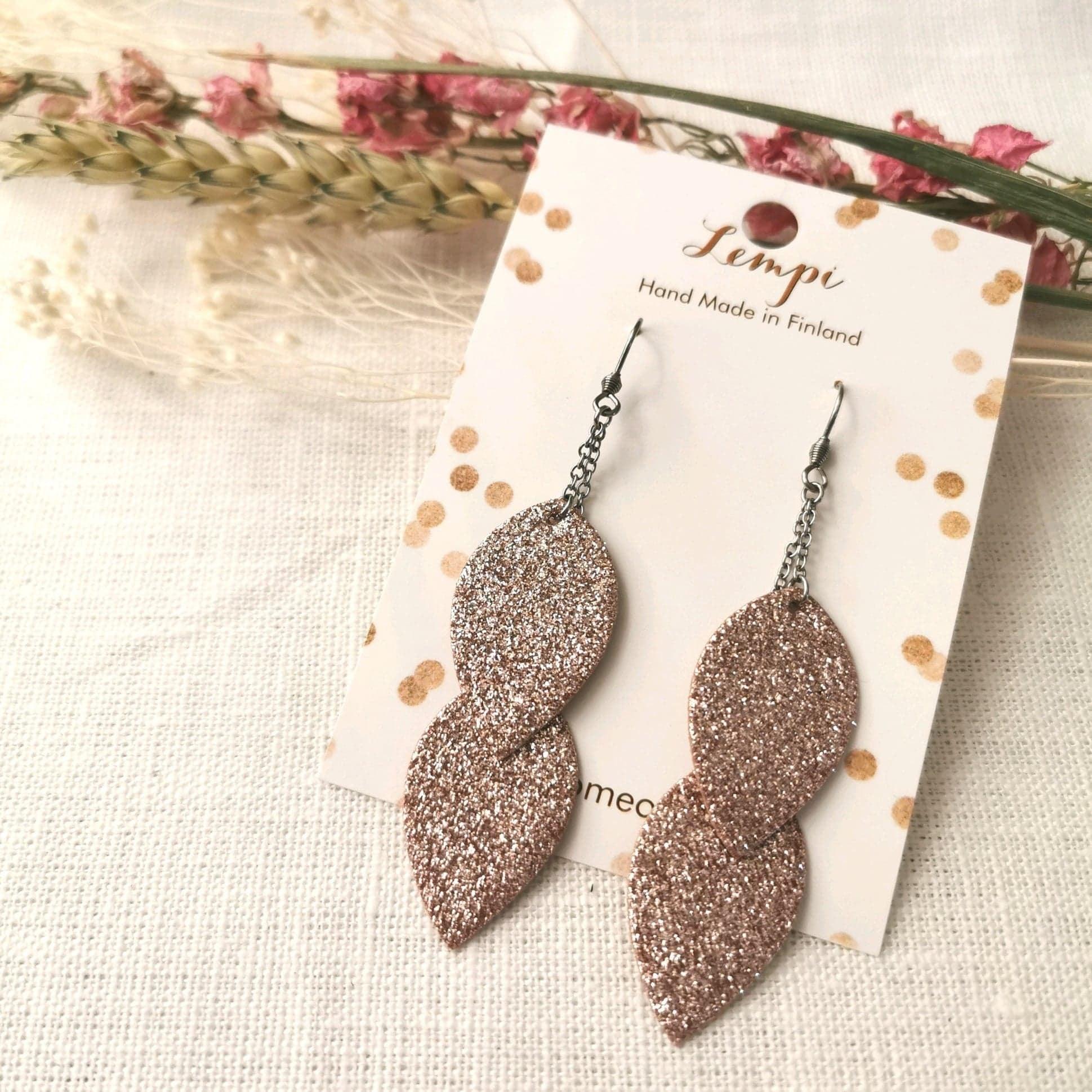 LEMPI earrings, Leaves (rose gold glitter, dainty 2-piece)