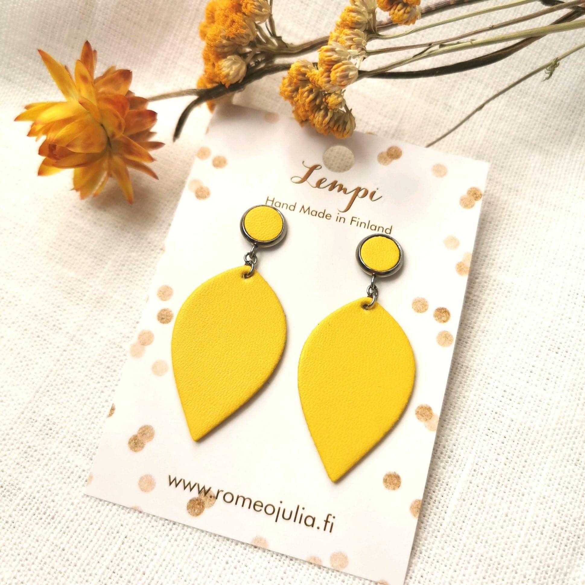 LEMPI earrings, Leaf (with button fastening, sunny yellow)