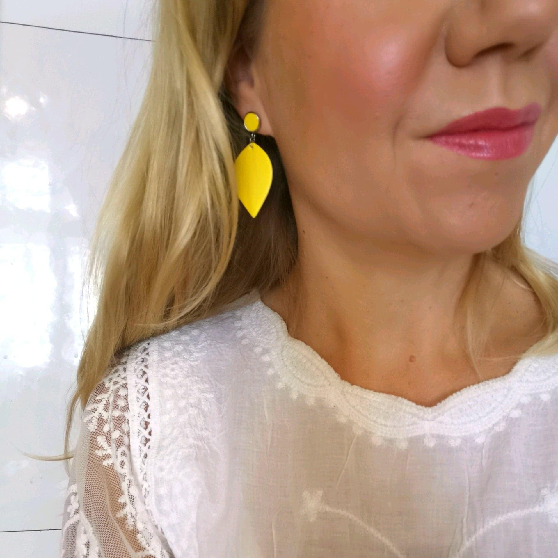 LEMPI earrings, Leaf (with button fastening, sunny yellow)