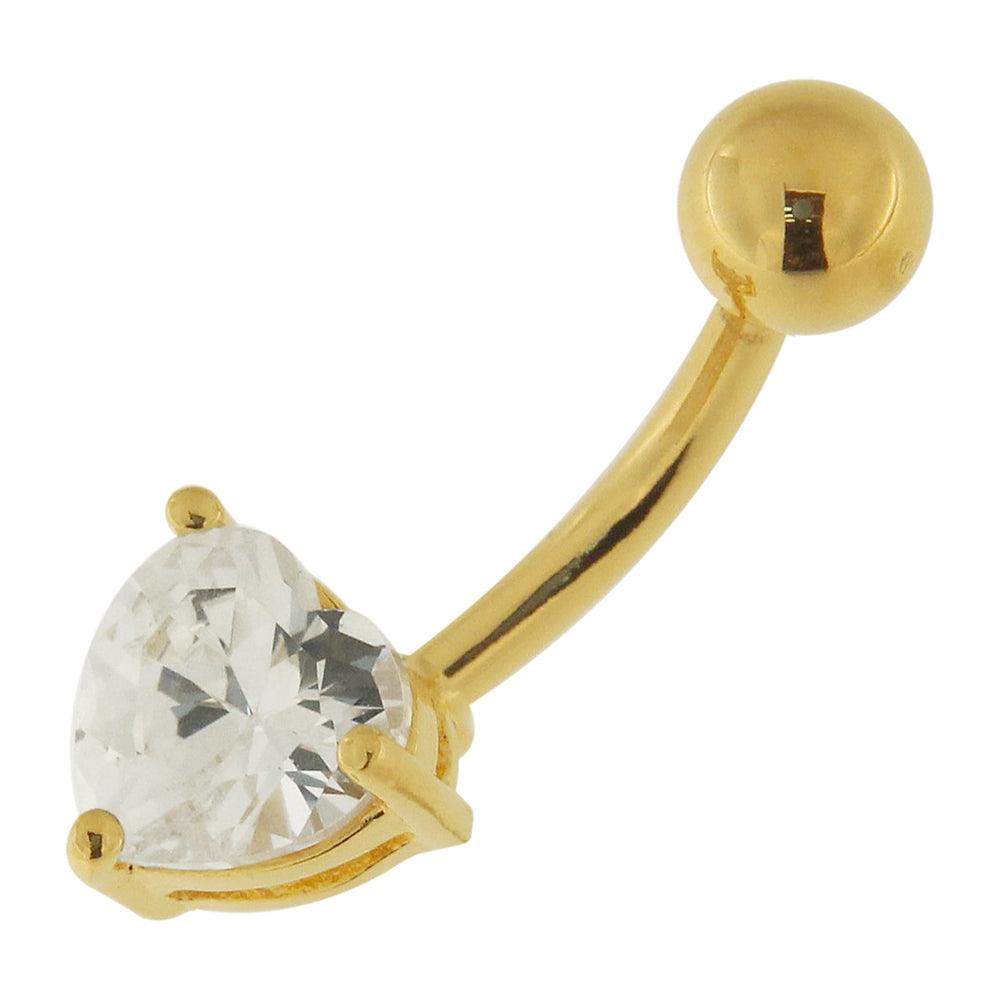 Silver belly button ring, Crystal Heart in Gold (various lengths)