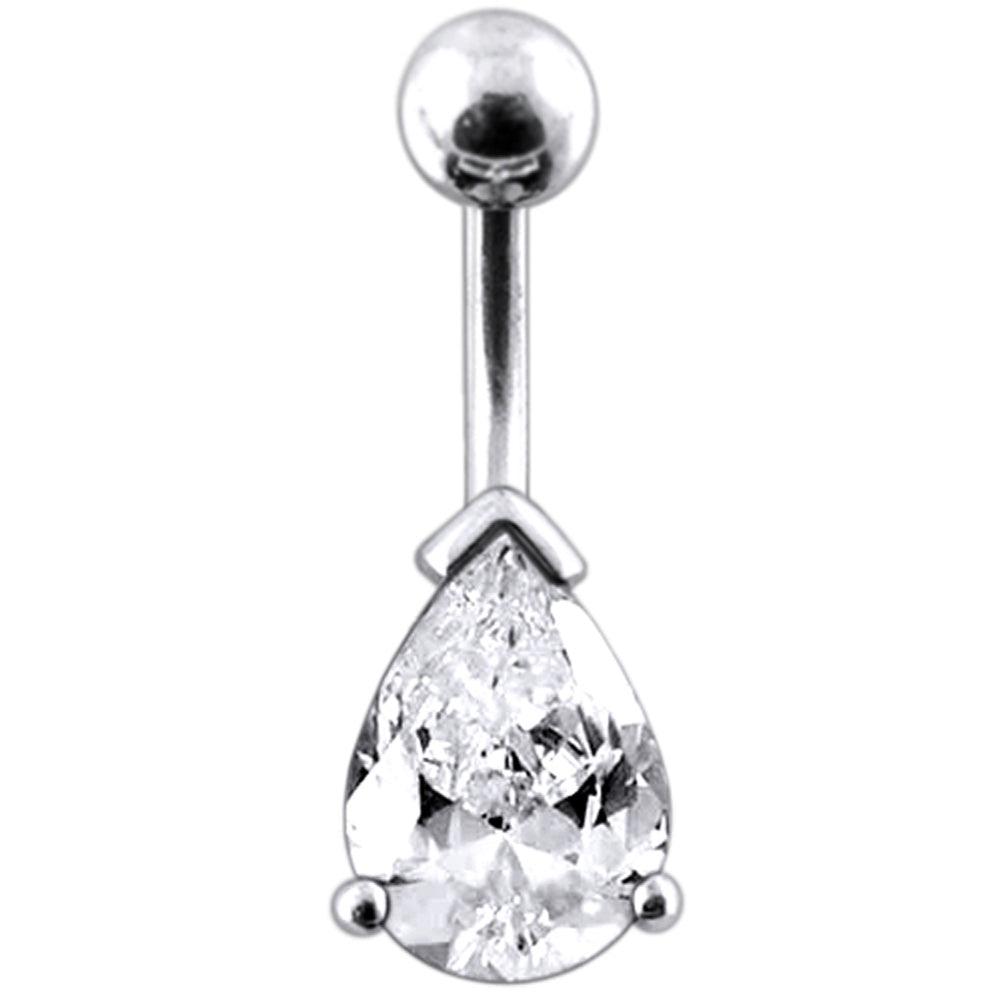 Silver belly button ring with titanium stem, Crystal Teardrop (various lengths)