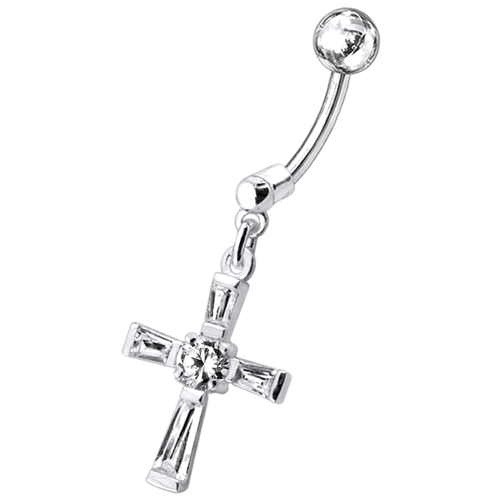 Silver belly button ring with titanium stem, Dangly CZ Cross (various lengths)