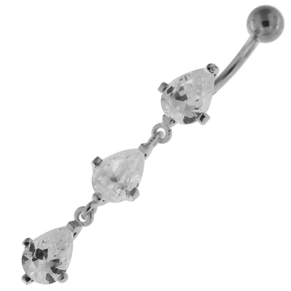 Silver belly button ring with titanium stem, Dangly CZ Teardrop (various lengths)