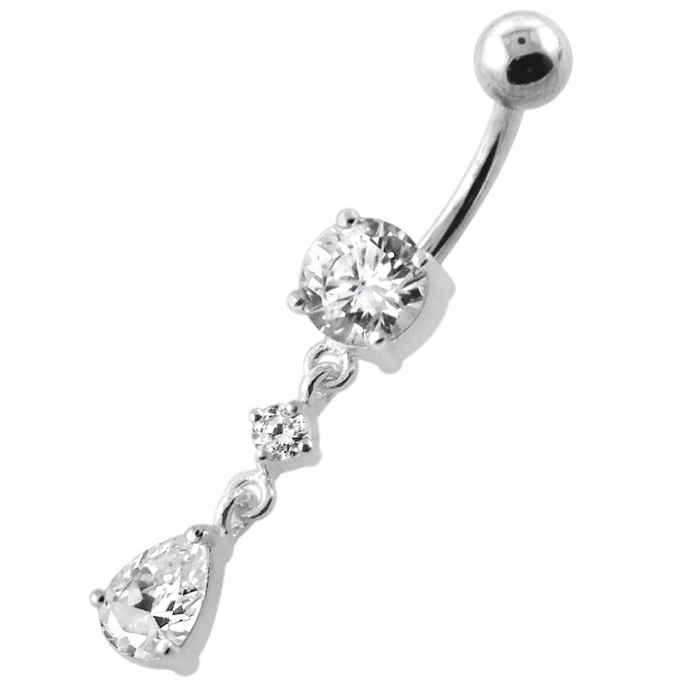 Silver belly button ring with titanium stem, Simple Teardrop CZ (various lengths)