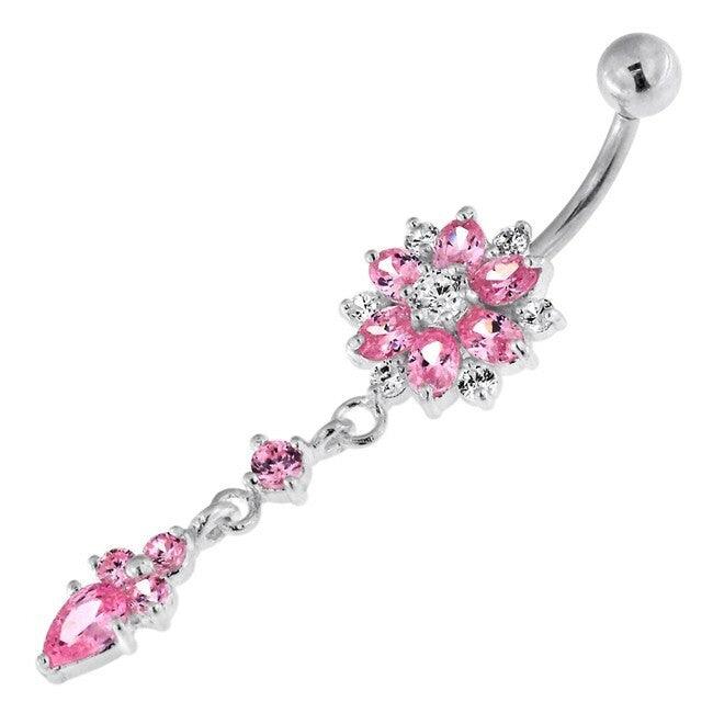 Silver belly button ring with titanium stem, Dangly CZ Flower in Pink