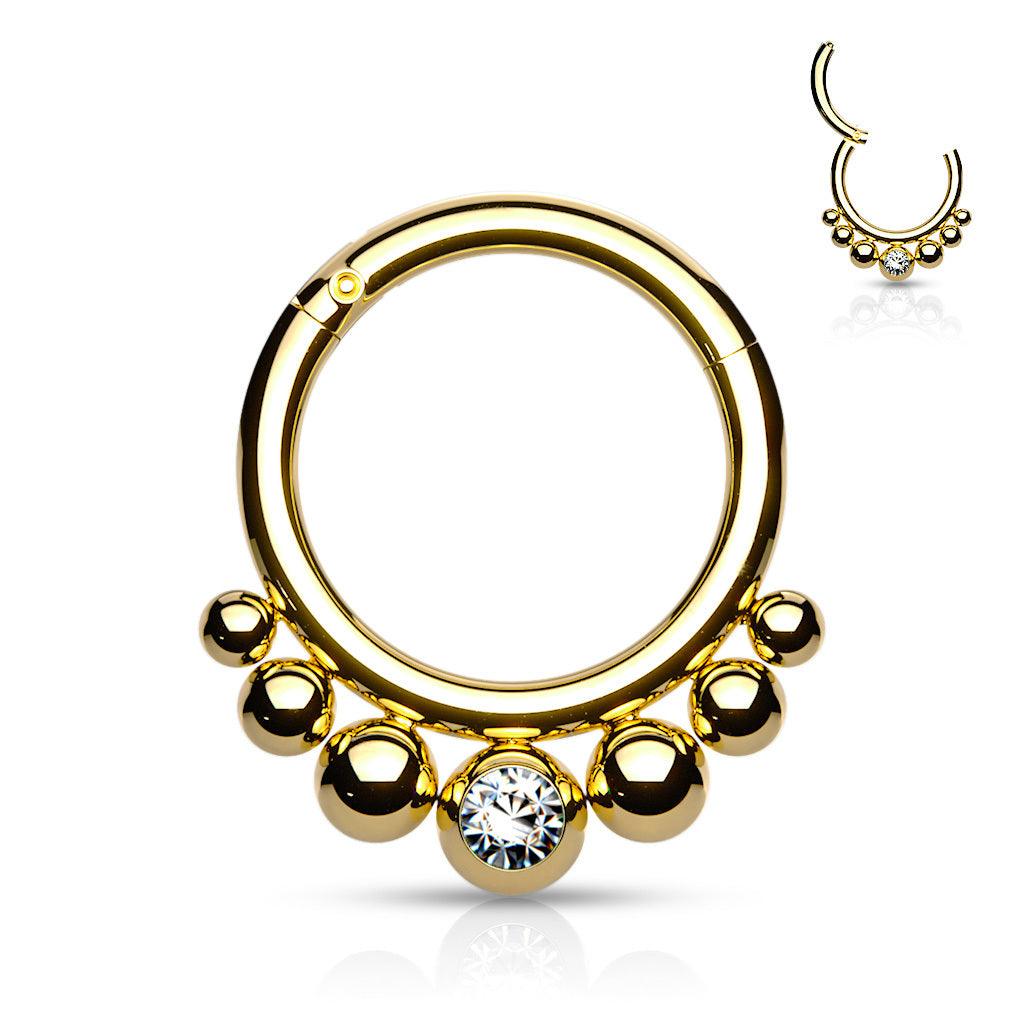 Piercing ring, Segment Clicker with Balls and Bezel Crystal Center GD