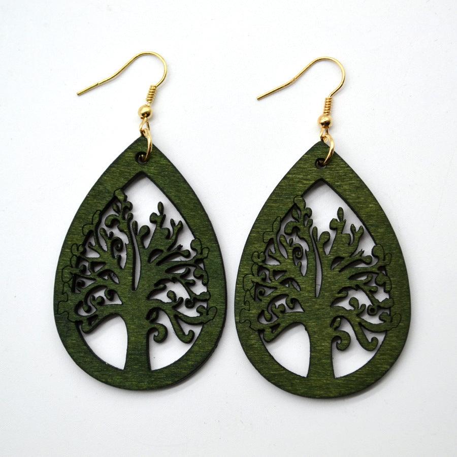 Wooden earrings, Tree of Life in Olive Green