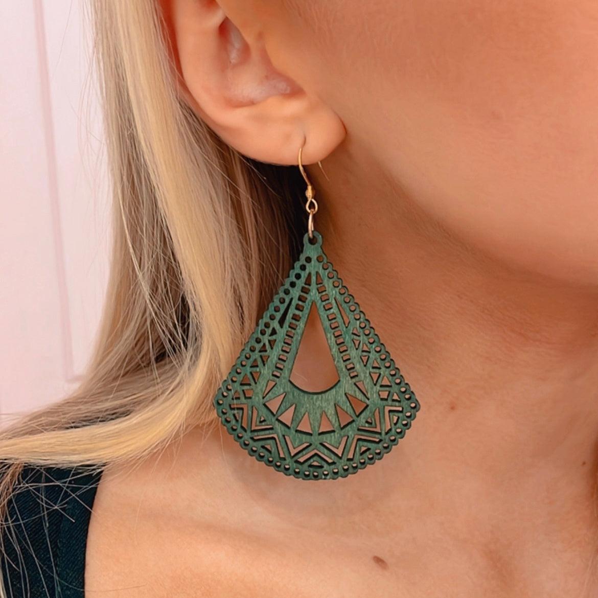 Wooden Earrings, Olive Green Triangles with Lace Decoration