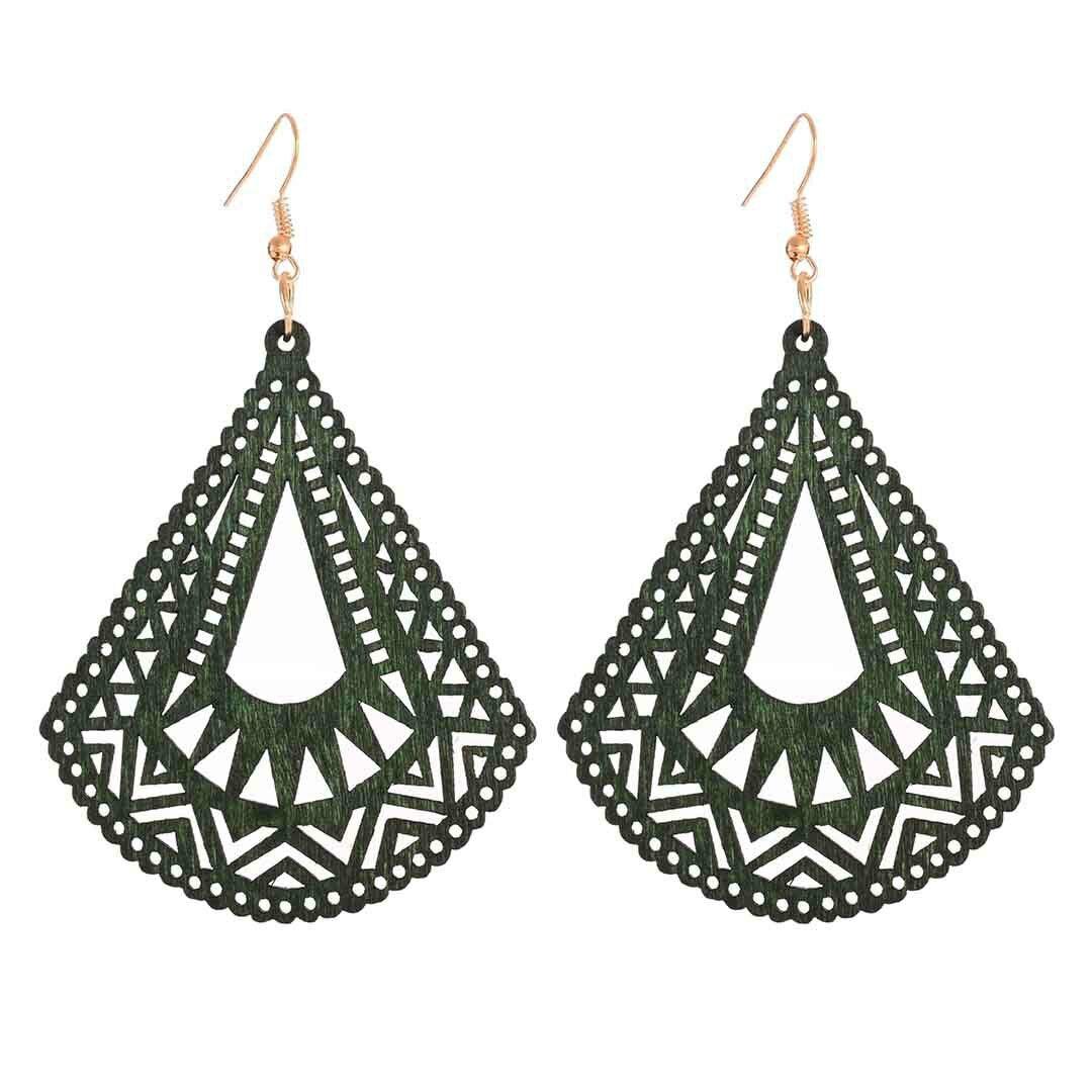 Wooden Earrings, Olive Green Triangles with Lace Decoration