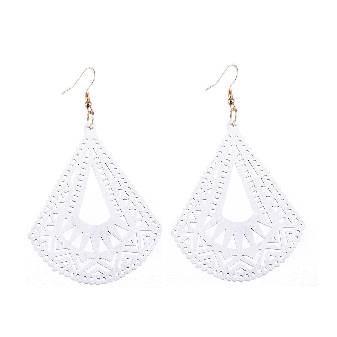 Wooden Earrings, White Triangles with Lace Decoration