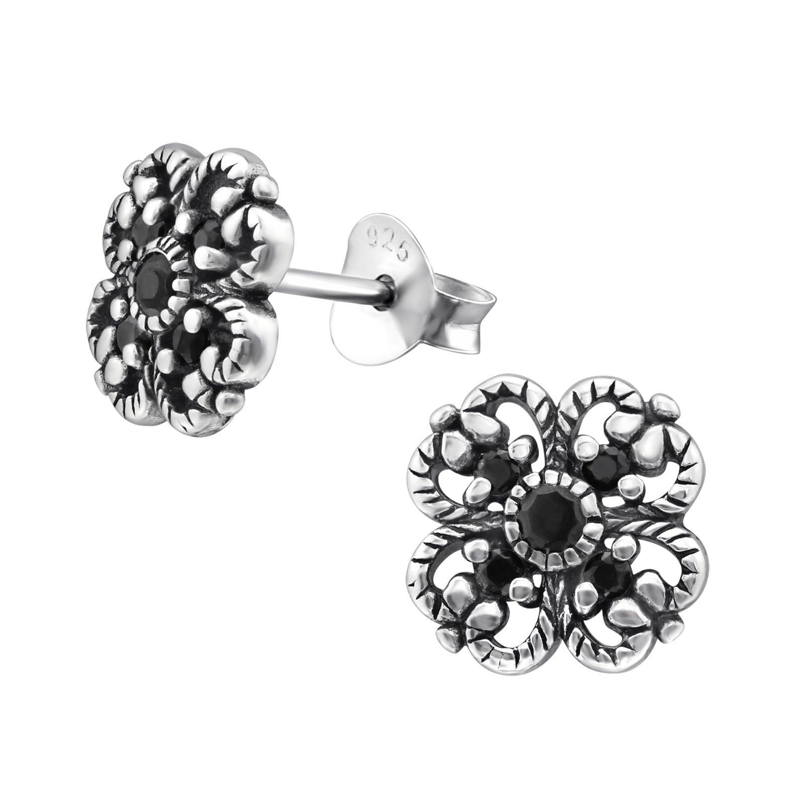 Silver ear studs, Silver Flower Ear Studs with Black CZ