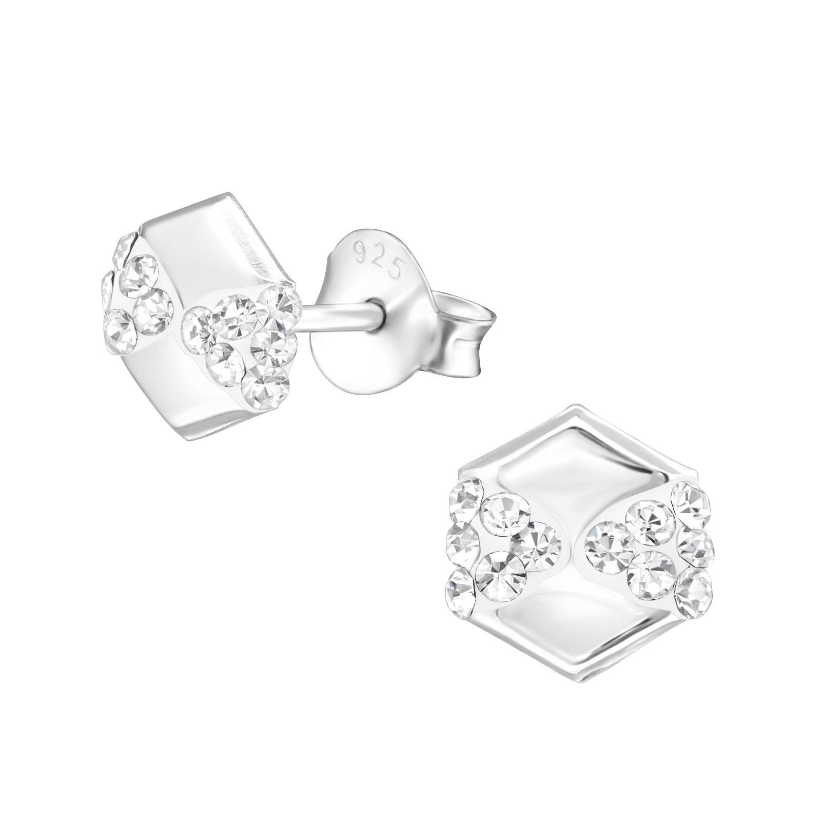 Silver earrings, Hexagon Ear Studs with Crystals