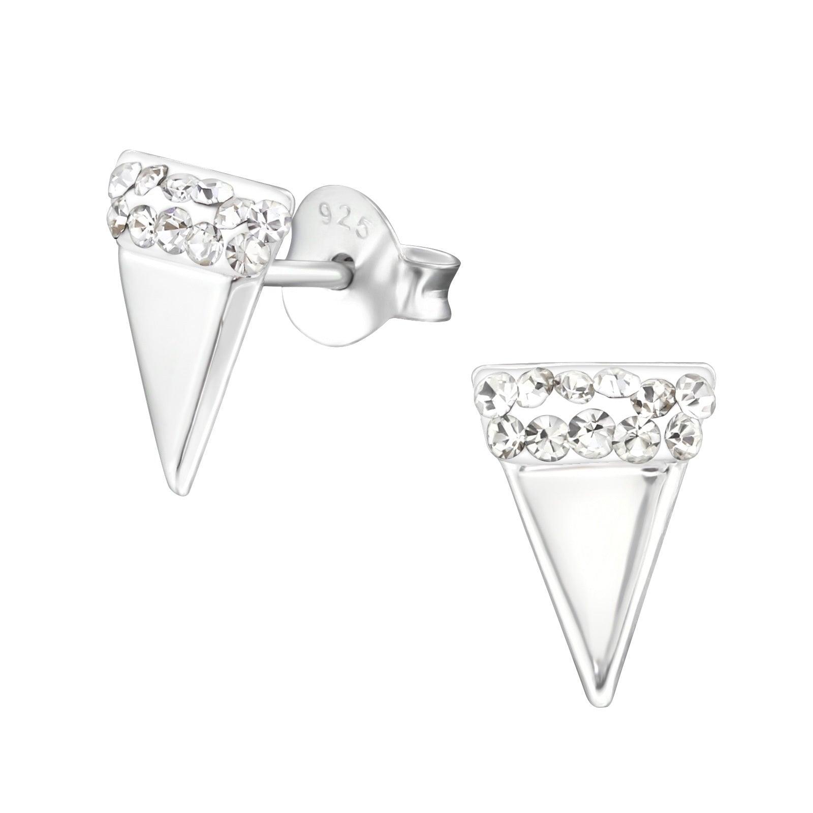 Silver earrings, Triangle Ear Studs with Crystals