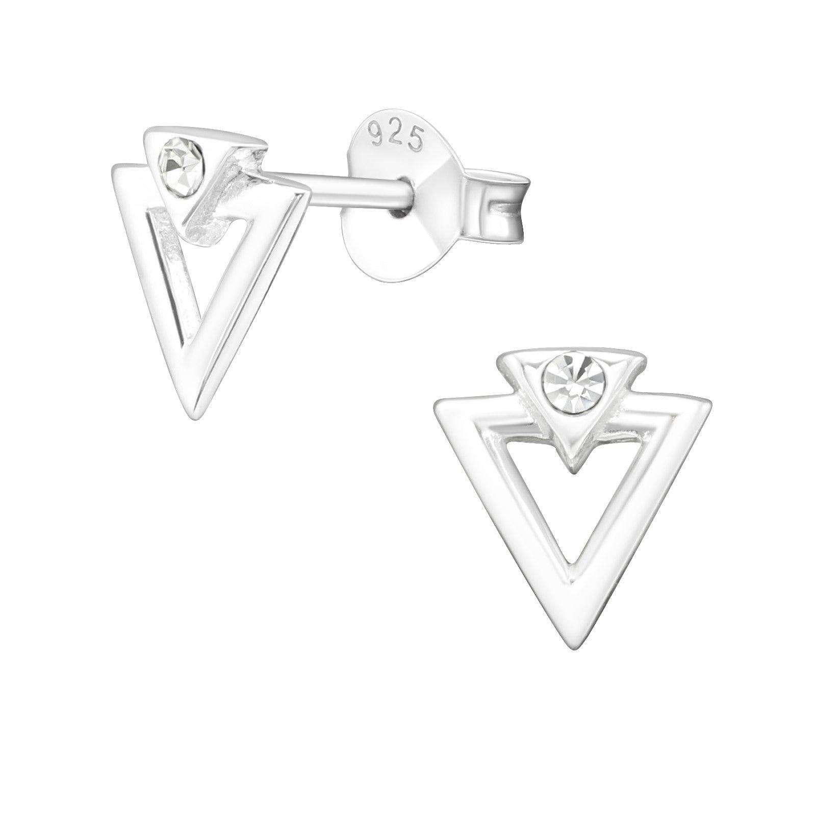 Silver earrings, Triangle Ear Studs with Crystal