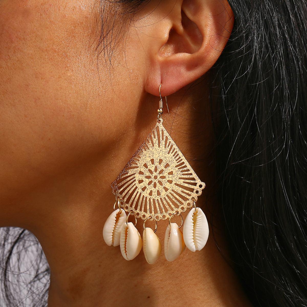 Earrings, PAPARAZZI|Gold and Lace Seashell Earrings