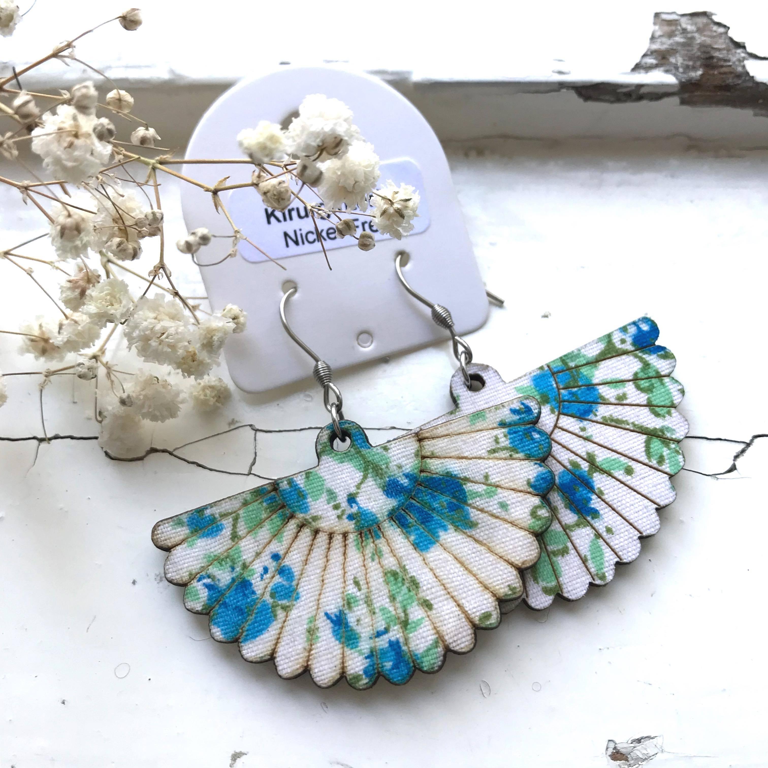 Wooden earrings, Fan Shaped Earrings with Blue Roses