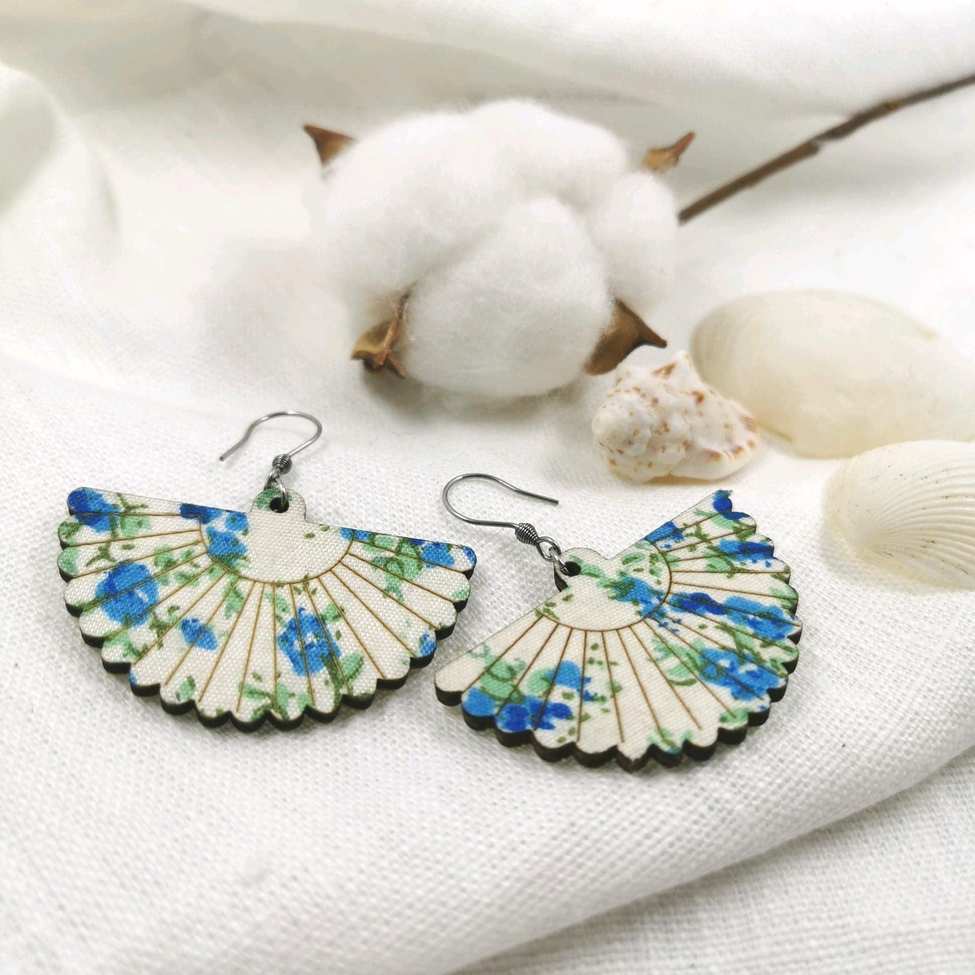 Wooden earrings, Fan Shaped Earrings with Blue Roses